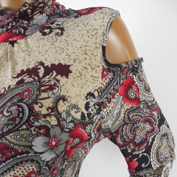 SUSAN GRAVER Top L Cold Shoulder Shirt Stretch Long Sleeve Paisley/Floral Casual - Picture 4 of 11